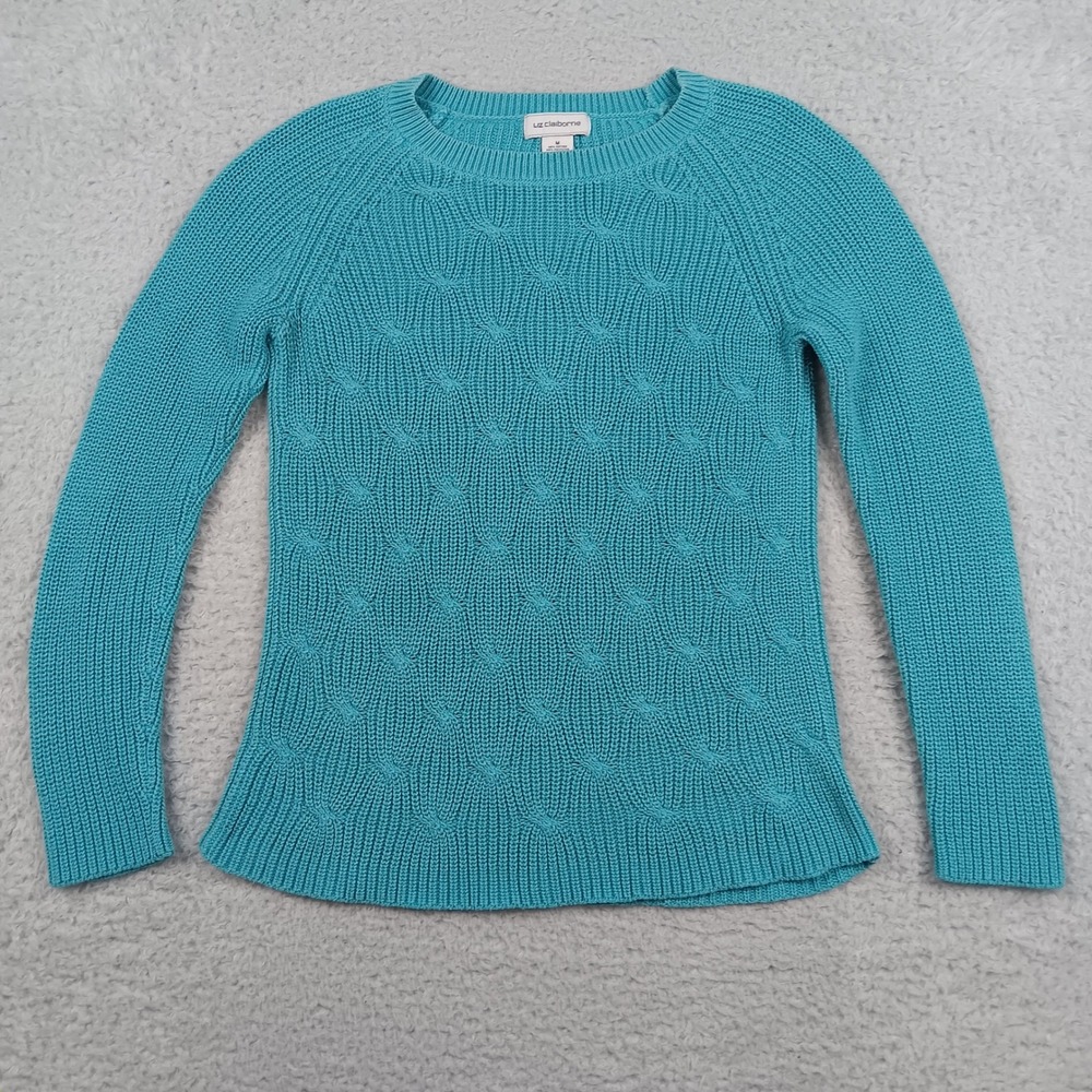 Liz Claiborne Sweater Pullover Women M Teal Cable‎ Knit Raglan 851-1789